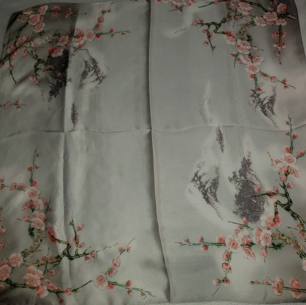 Grey and pink cherry flowers tree scarf 70cm by 70cm satin